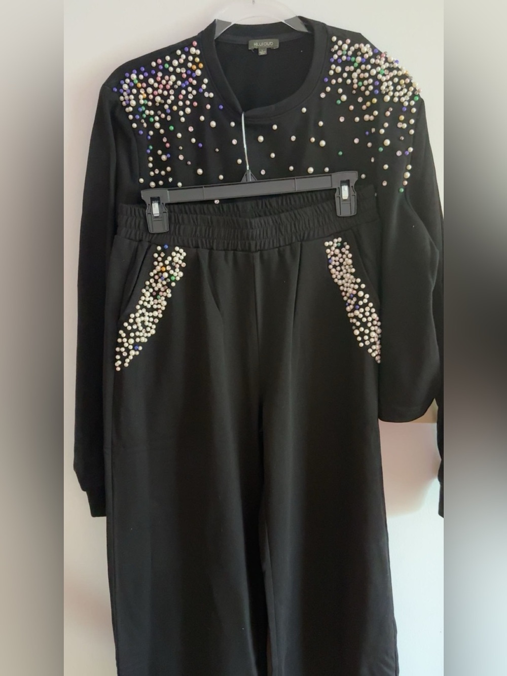 Black Pearl & Iridescent Bead Crewneck Sweatshirt with pants to match